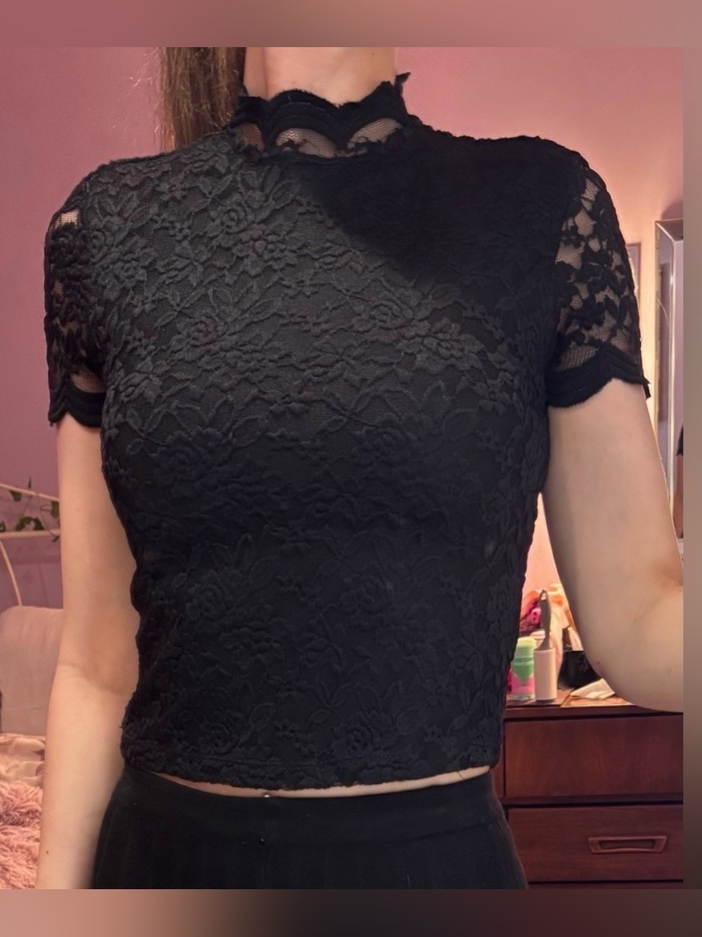 Black Lace Mock Neck Short Sleeve Top